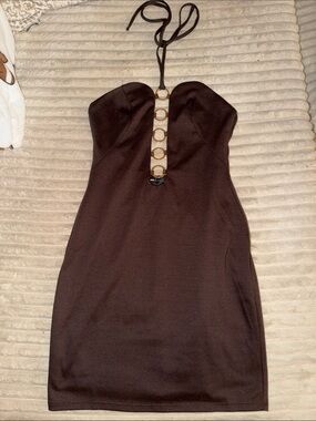 ASOS Brown Strapless Mini Dress with Gold Ring Front Detail